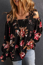 Load image into Gallery viewer, Black Floral Print Lace Patchwork Loose Cold Shoulder Blouse
