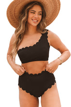 Load image into Gallery viewer, Black Solid Scalloped One-Shoulder Bikini | Swimwear/Bikinis
