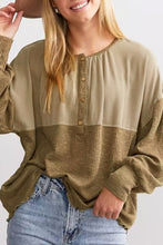 Load image into Gallery viewer, Khaki Ribbed Patchwork Drop Shoulder Buttoned Neckline Blouse
