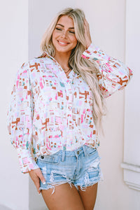 Multicolor Top | Abstract Print Lantern Sleeve Casual Shirt