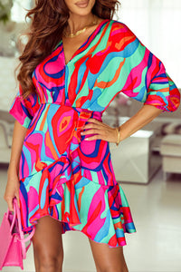 Multicolor Abstract Printed V Neck Dolman Sleeve Ruffle Wrap Dress | Dresses/Mini Dresses