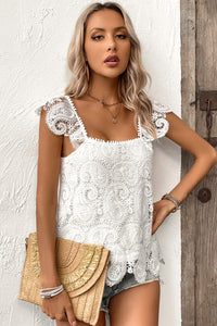 White Lace Crochet Ruffled Square Neck Tank Top | Tops/Tank Tops