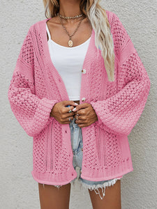 Pink Openwork Button Front Cardigan