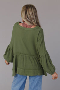 Green Henley Button Drop Shoulder Top