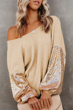 Load image into Gallery viewer, Waffle Knit Top | Apricot Sequin Patchwork Sleeve Open Back
