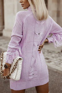 Sweater Dress | Purple Twist Fringe Casual High Neck