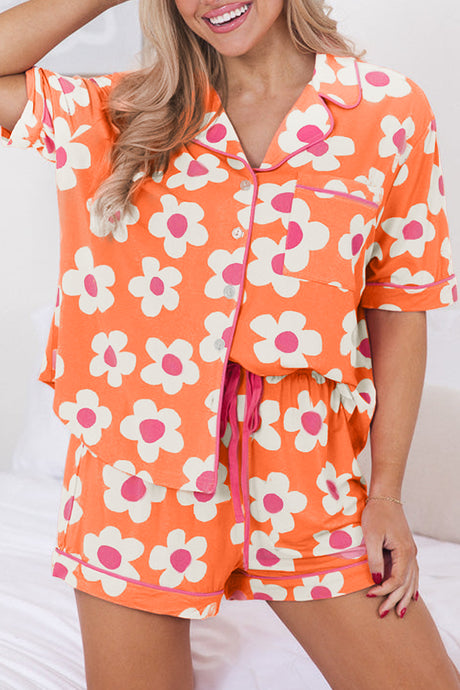 Orange Flower Print Short Sleeve Shirt Pajamas Set | Loungewear & Sleepwear/Sleepwear