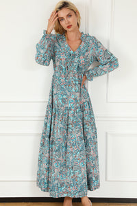 Sky Blue Bohemian Paisley Print Long Sleeve Tiered Maxi Dress | Dresses/Maxi Dresses