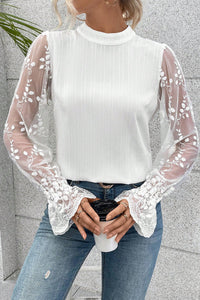 White Lace Sleeve Top | Contrast Lace Mock Neck Blouse