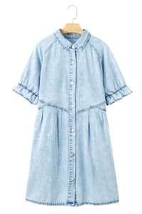 Beau Blue Mineral Wash Ruffled Short Sleeve Buttoned Denim Dress | Dresses/Mini Dresses