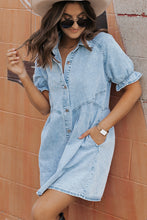 Load image into Gallery viewer, Beau Blue Mineral Wash Ruffled Short Sleeve Buttoned Denim Dress | Dresses/Mini Dresses
