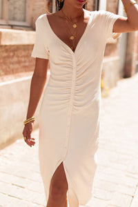 T-Shirt Dress | Beige V Neck Ruched Button Front French