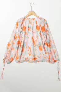 Womens Blouse | Multicolor Abstract Print Split Neck Puff Sleeve Blouse | Tops/Blouses & Shirts