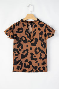 Ruffled Sleeve Blouse | Brown Leopard Split Neck Top