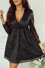 Load image into Gallery viewer, Black Mini Dress | Black Glitter V Neck Long Sleeve Dress
