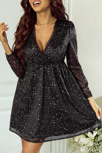 Black Mini Dress | Black Glitter V Neck Long Sleeve Dress