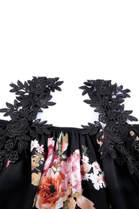 Black Floral Print Lace Patchwork Loose Cold Shoulder Blouse | Tops/Blouses & Shirts