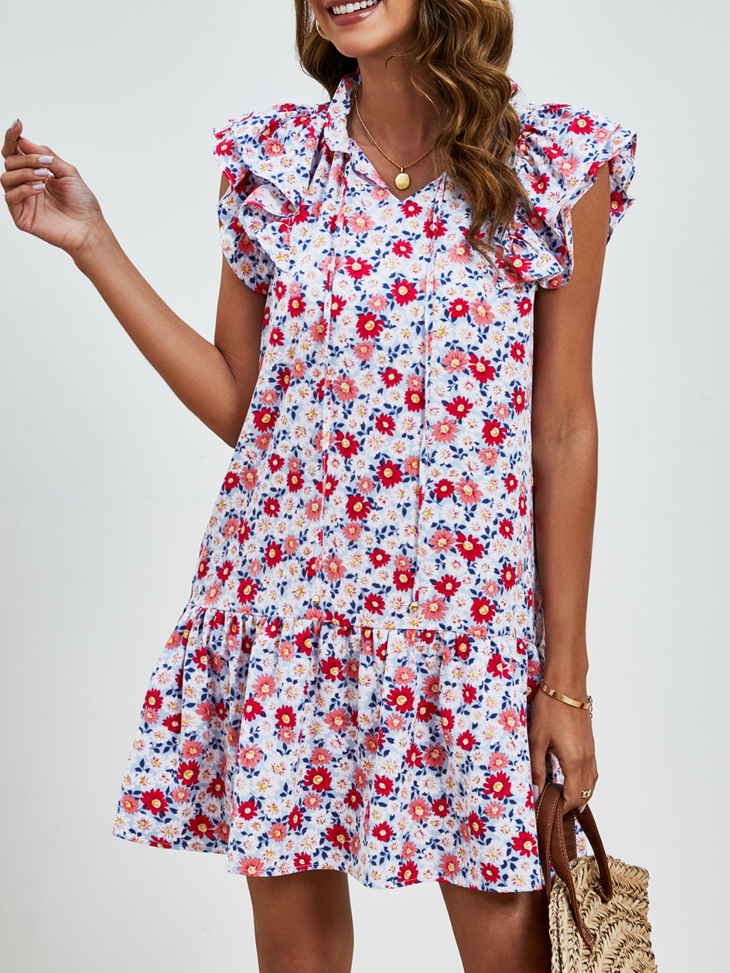 Womens Mini Dress | Tied Floral Cap Sleeve Mini Dress | Mini Dress