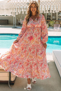 Orange Boho Holiday Paisley Print Tiered Long Sleeve Maxi Dress | Dresses/Maxi Dresses