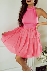 Strawberry Pink Gauze Ruffle Tiered Knotted Halter Dress | Dresses/Mini Dresses