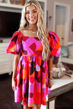 Load image into Gallery viewer, Red Abstract Print Square Neck Puff Sleeve Dress | Dresses/Mini Dresses
