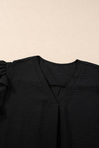 Ruffle Sleeve Top | Black V Neck Short Sleeve Blouse