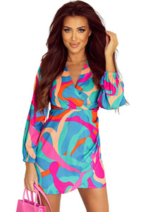 Puff Sleeve Dress | Multi-Color Abstract Print Wrap V Neck