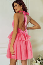 Load image into Gallery viewer, Strawberry Pink Gauze Ruffle Tiered Knotted Halter Dress | Dresses/Mini Dresses
