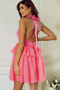 Strawberry Pink Gauze Ruffle Tiered Knotted Halter Dress | Dresses/Mini Dresses