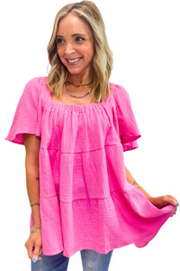 Bright Pink Textured Square Neck Flutter Sleeve Tiered Flowy Blouse | Tops/Blouses & Shirts