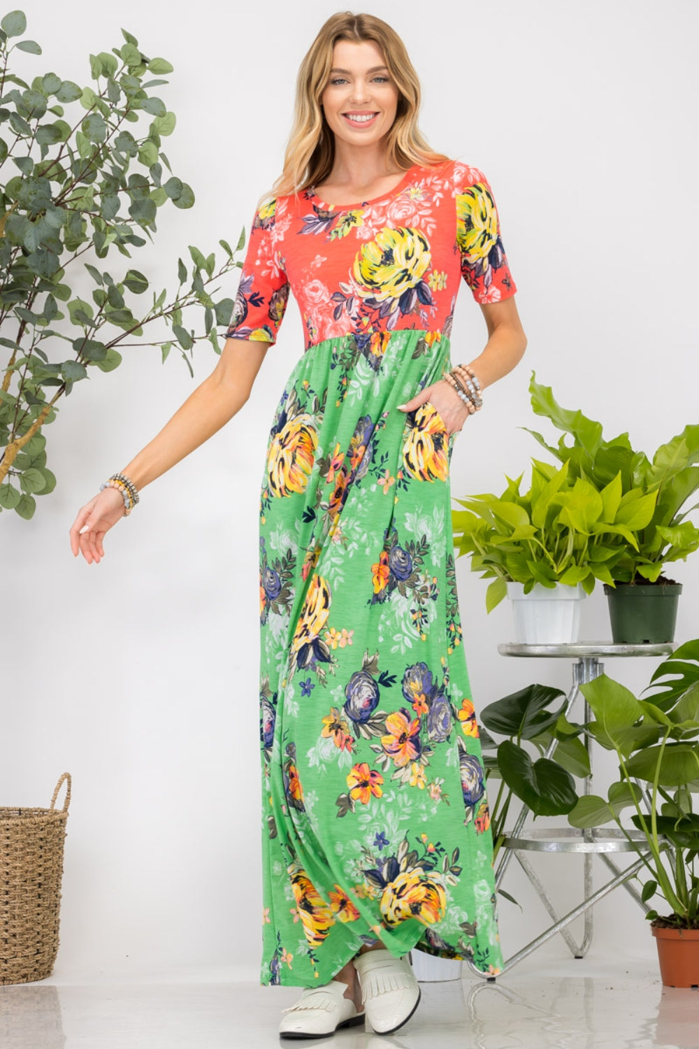 Celeste Full Size Printed Round Neck Short Sleeve Maxi Dress | Dress