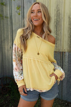 Load image into Gallery viewer, Babydoll Top | Yellow Floral Patchwork Waffle Knit  Blouse
