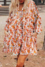 Load image into Gallery viewer, Orange Printed Split Neck Floral Pocketed Shift Dress
