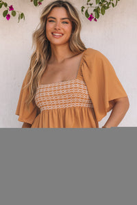 Brown Square Neck Wide Sleeves Flowy Top | Tops/Blouses & Shirts