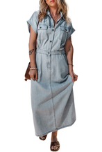 Load image into Gallery viewer, Denim Dress | Beau Blue Short Bat Wing Sleeve Slit Back Dress
