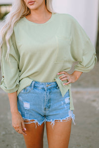 Oversized Top | Green Ribbed Roll-Tab Sleeve Chest Pocket