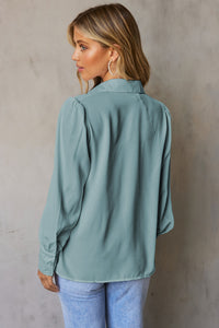 Sky Blue Solid Color Button Up Puff Sleeve Blouse | Tops/Blouses & Shirts