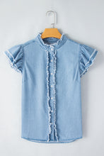 Load image into Gallery viewer, Beau Blue Button Front Ruffled Flutter Frayed Denim Top | Tops/Tops &amp; Tees
