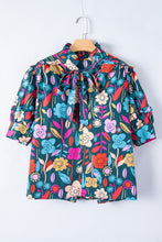 Load image into Gallery viewer, Green Floral Print Puff Sleeve Tied V Neck Blouse | Tops/Blouses &amp; Shirts
