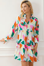 Load image into Gallery viewer, Multicolour Geometric Print Stand Neck Balloon Sleeve Ruffled Dress
