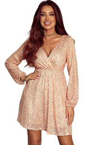 Sequin Dress | Apricot Wrapped V-neck Dress