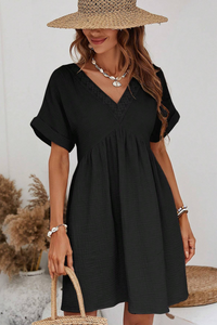Black Folded Short Sleeve Lace V Neck Mini Dress | Dresses/Mini Dresses