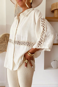 Crochet Patchwork Top | White Half Sleeve Scallop Edge Shirt