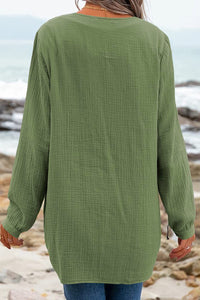 V Neck Blouse | Green Casual Pleated Textured Top