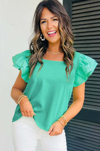 Flutter Sleeve Top | Mint Green Square Neck Blouse