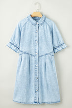 Load image into Gallery viewer, Beau Blue Mineral Wash Ruffled Short Sleeve Buttoned Denim Dress | Dresses/Mini Dresses
