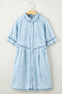 Beau Blue Mineral Wash Ruffled Short Sleeve Buttoned Denim Dress | Dresses/Mini Dresses