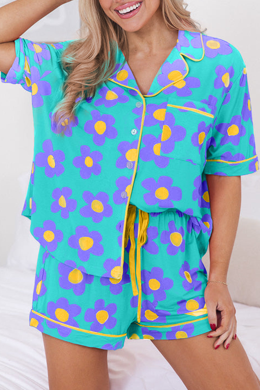 Green Flower Print Short Sleeve Shirt Pajamas Set | Loungewear & Sleepwear/Sleepwear