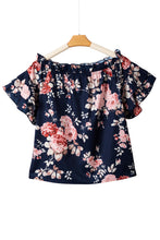 Load image into Gallery viewer, Blue Ruffle Off Shoulder Flounce Sleeve Floral Blouse | Tops/Blouses &amp; Shirts
