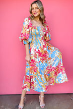 Load image into Gallery viewer, Rose Red Tropical Print Smocked Bodice Puff Sleeve Maxi Dress | Dresses/Floral Dresses
